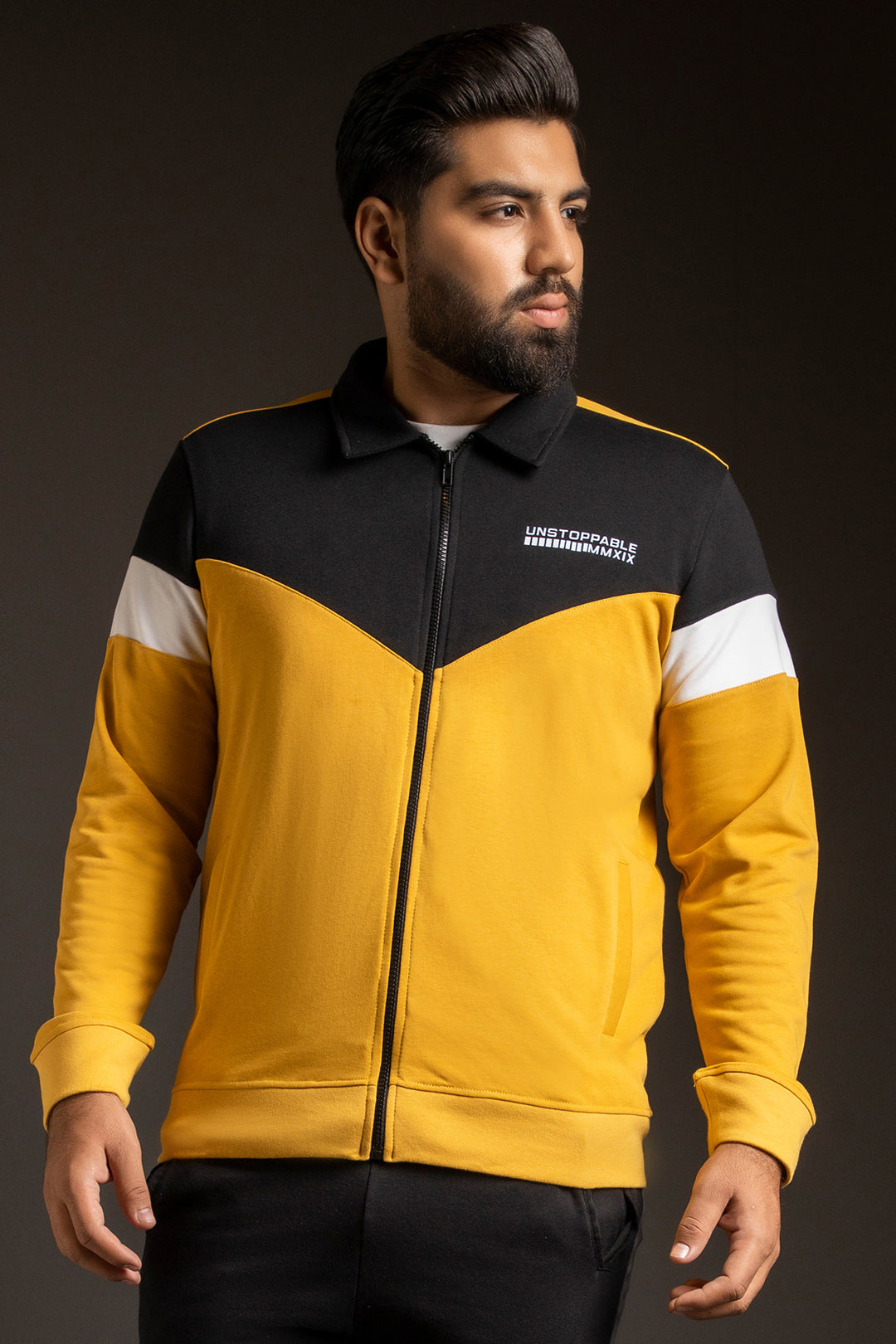 Yellow Contrast Panelled Zipper Jacket (Plus Size) - W23 - MJ0017P