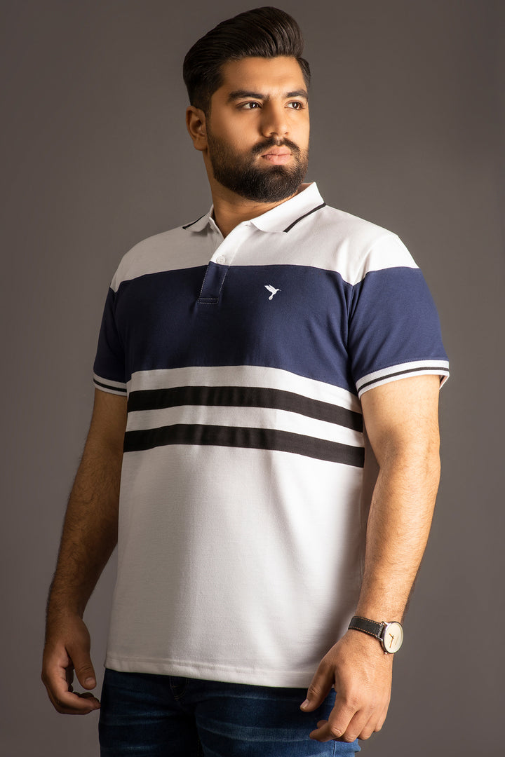 White Contrast Panelled Polo Shirt (Plus size) - A24 - MP0247P