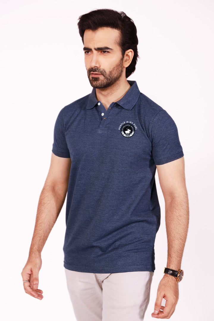 Navy Blue Melange Embroidered Polo Shirt - S23 - MP0235R