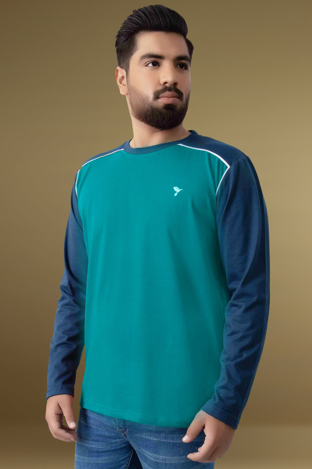 Aqua Green & Blue Paneled Embroidered T-Shirt (Plus Size) - W23 - MT0278P