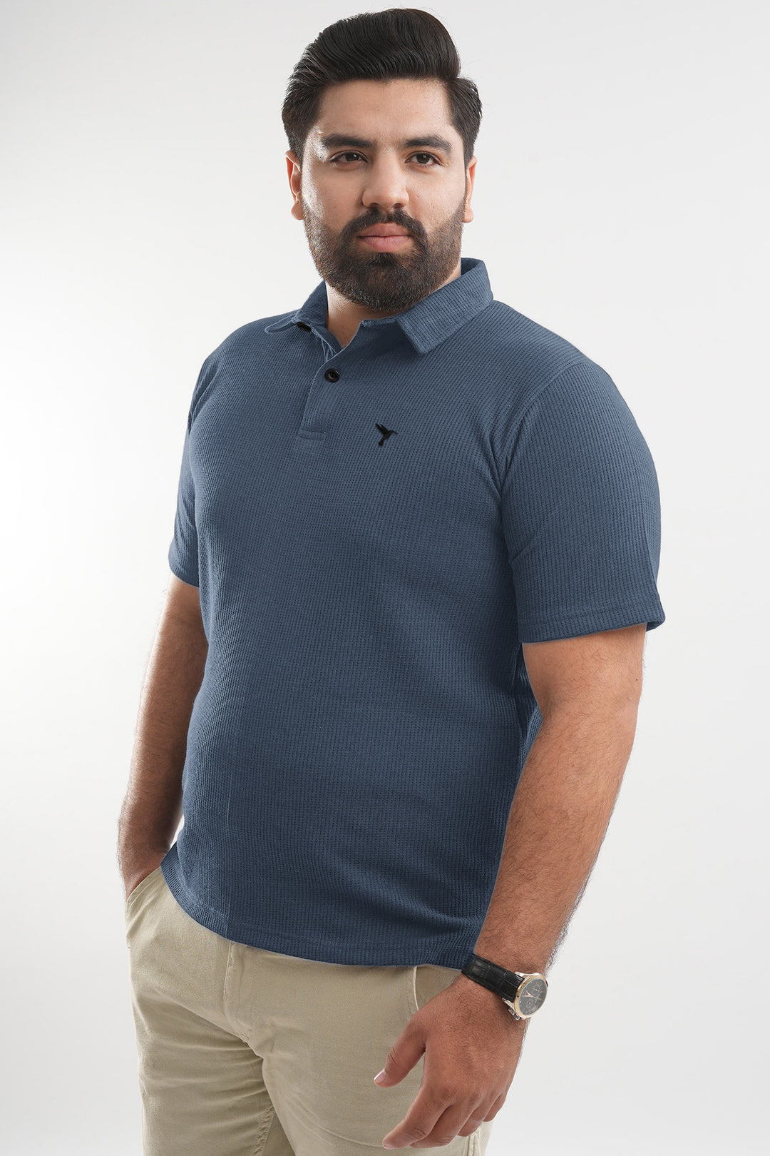 Stormy Blue Waffle Knit Jacquard Polo Shirt (Plus Size) - S25 - MP0650P