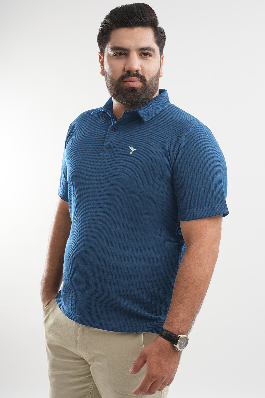 Cerulean Blue Waffle Knit Jacquard Polo Shirt (Plus Size) - S25 - MP0659P