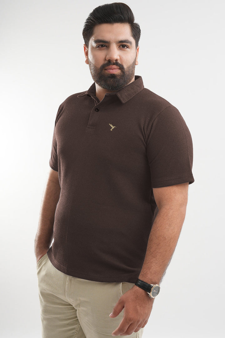 Brown Waffle Knit Jacquard Polo Shirt (Plus Size) - S25 - MP0658P