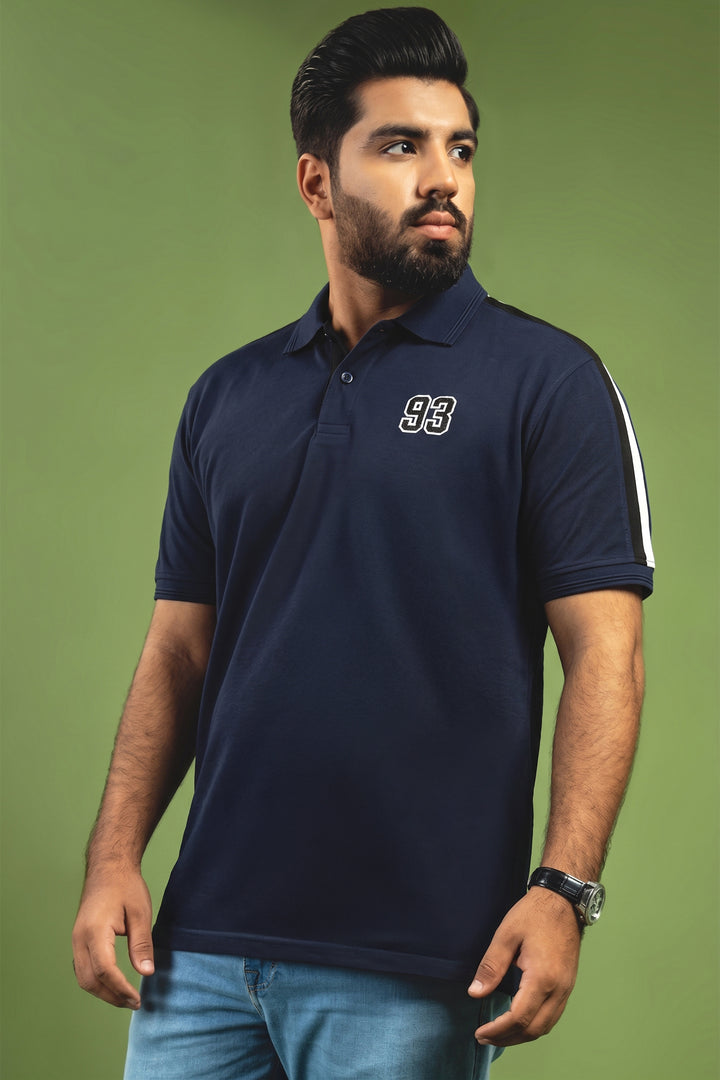 Navy Blue Cut & Sew Stripe Polo Shirt with '93' Embroidery (Plus Size) - S26 - MP0640P