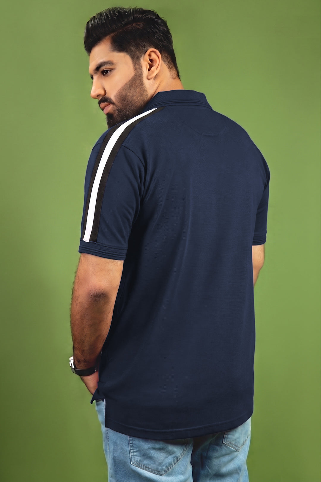 Navy Blue Cut & Sew Stripe Polo Shirt with '93' Embroidery (Plus Size) - S26 - MP0640P