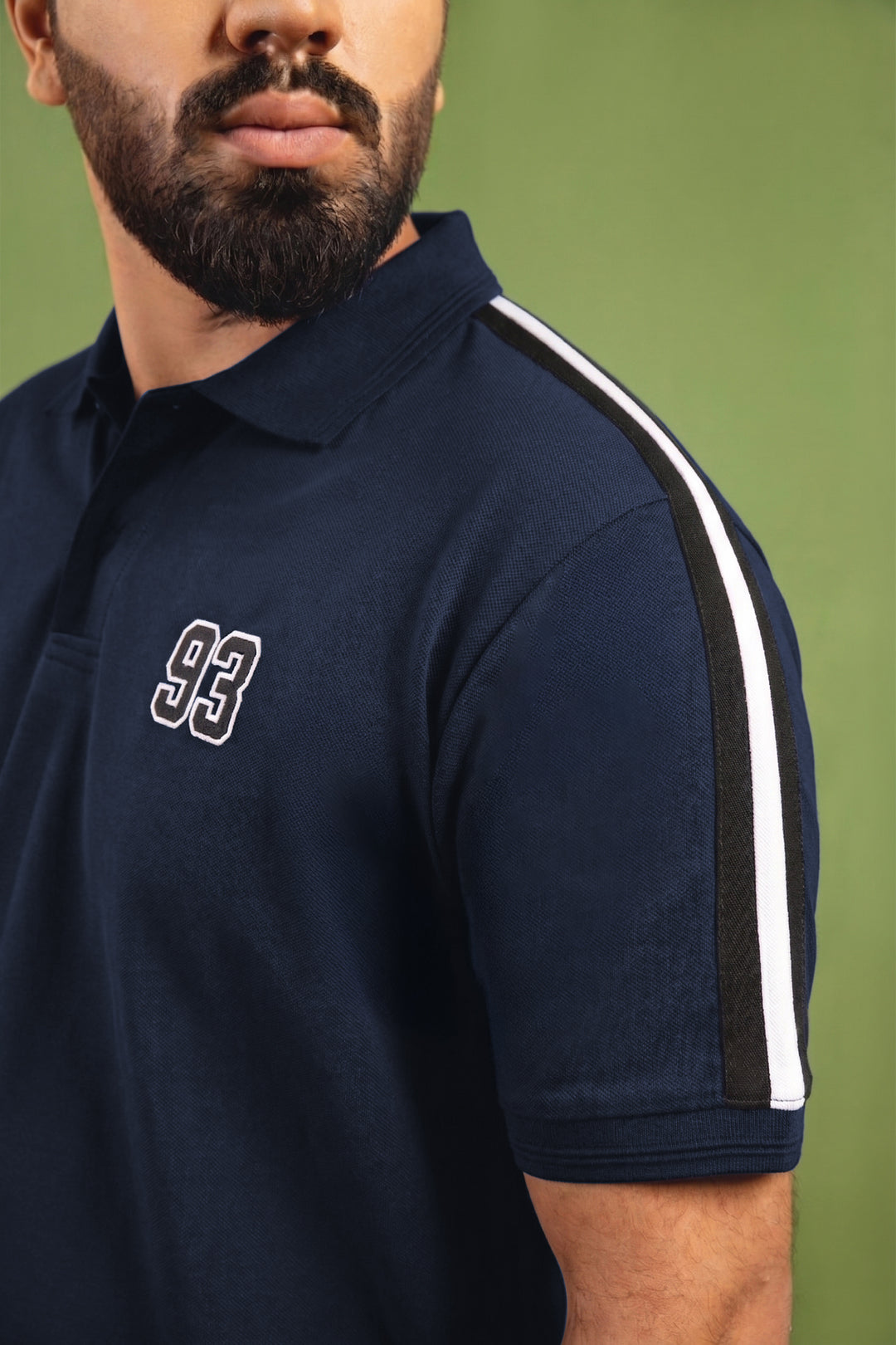 Navy Blue Cut & Sew Stripe Polo Shirt with '93' Embroidery (Plus Size) - S26 - MP0640P