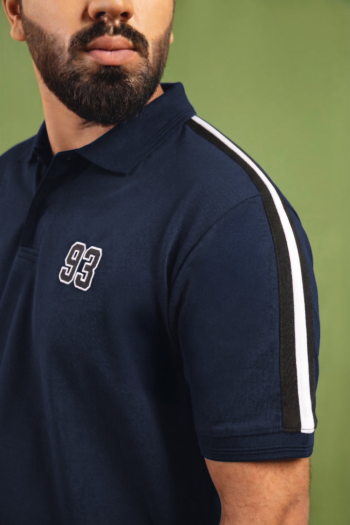 Navy Blue Cut & Sew Stripe Polo Shirt with '93' Embroidery (Plus Size) - S26 - MP0640P