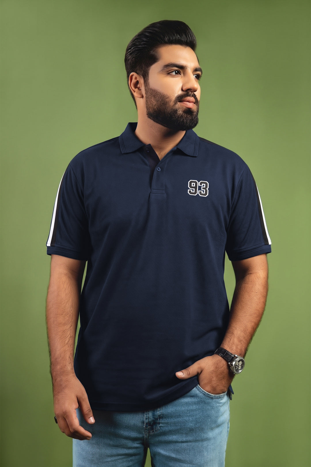Navy Blue Cut & Sew Stripe Polo Shirt with '93' Embroidery (Plus Size) - S26 - MP0640P