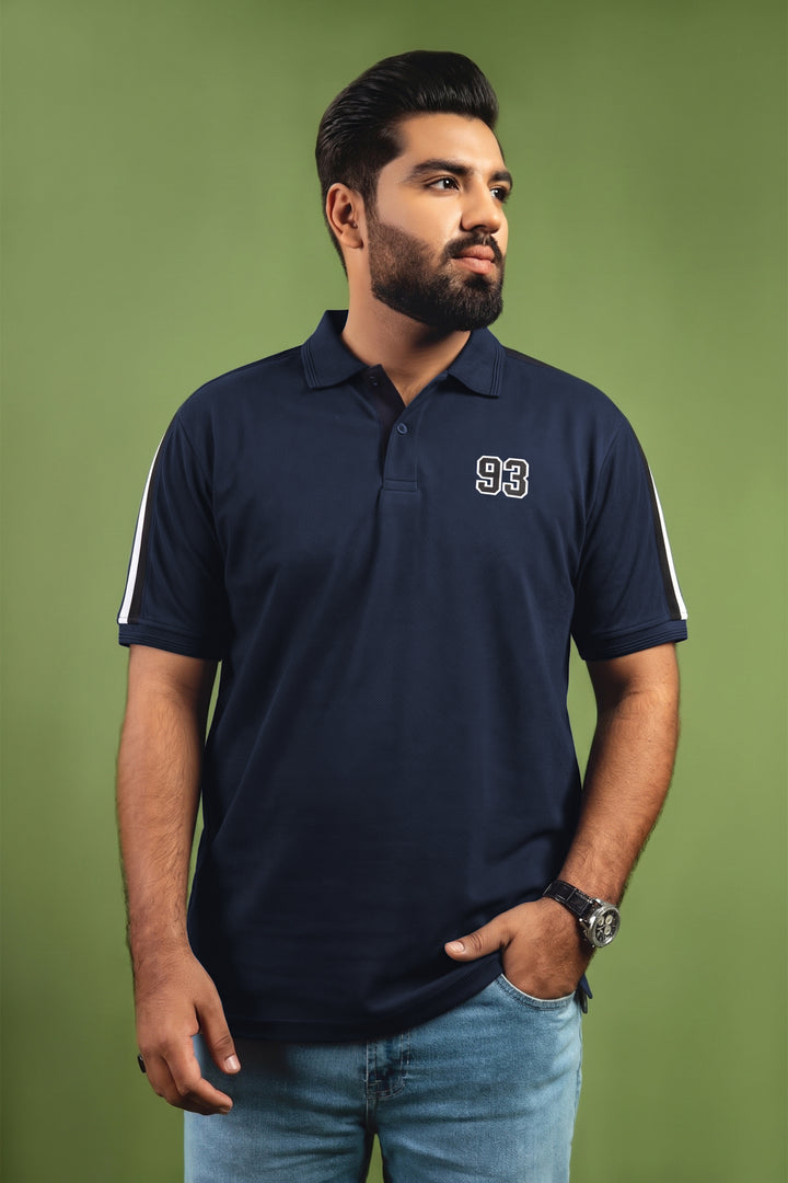 Navy Blue Cut & Sew Stripe Polo Shirt with '93' Embroidery (Plus Size) - S26 - MP0640P