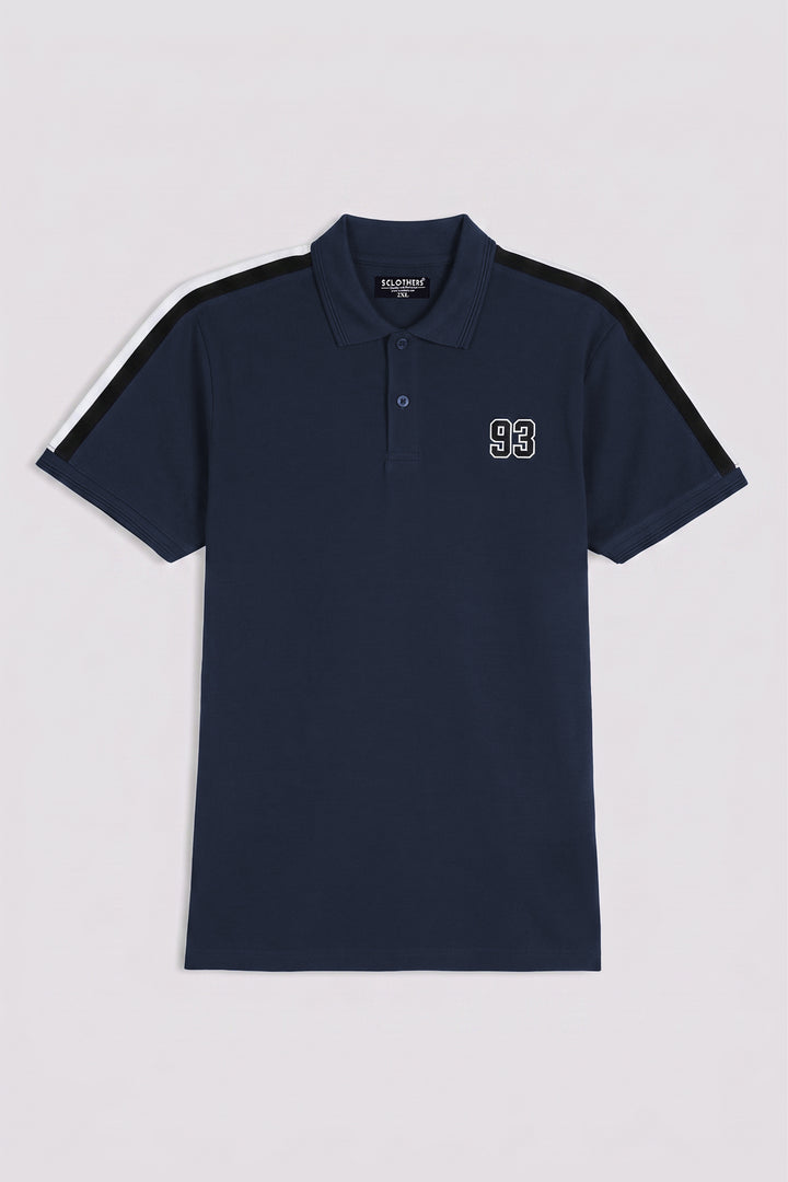 Navy Blue Cut & Sew Stripe Polo Shirt with '93' Embroidery (Plus Size) - S26 - MP0640P