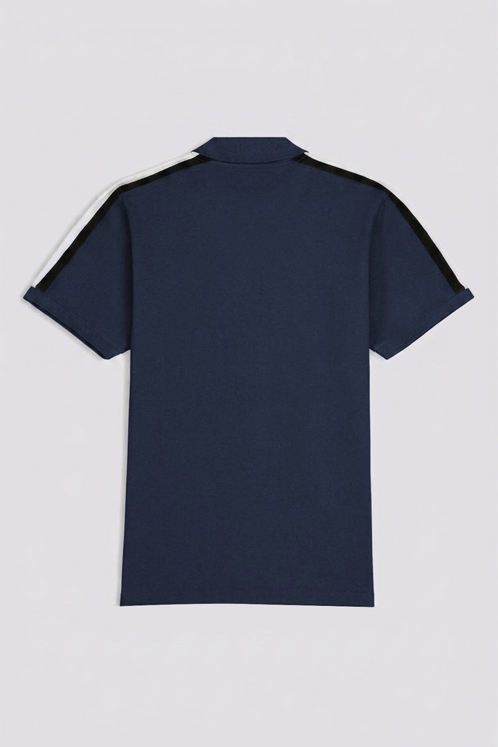 Navy Blue Cut & Sew Stripe Polo Shirt with '93' Embroidery (Plus Size) - S26 - MP0640P