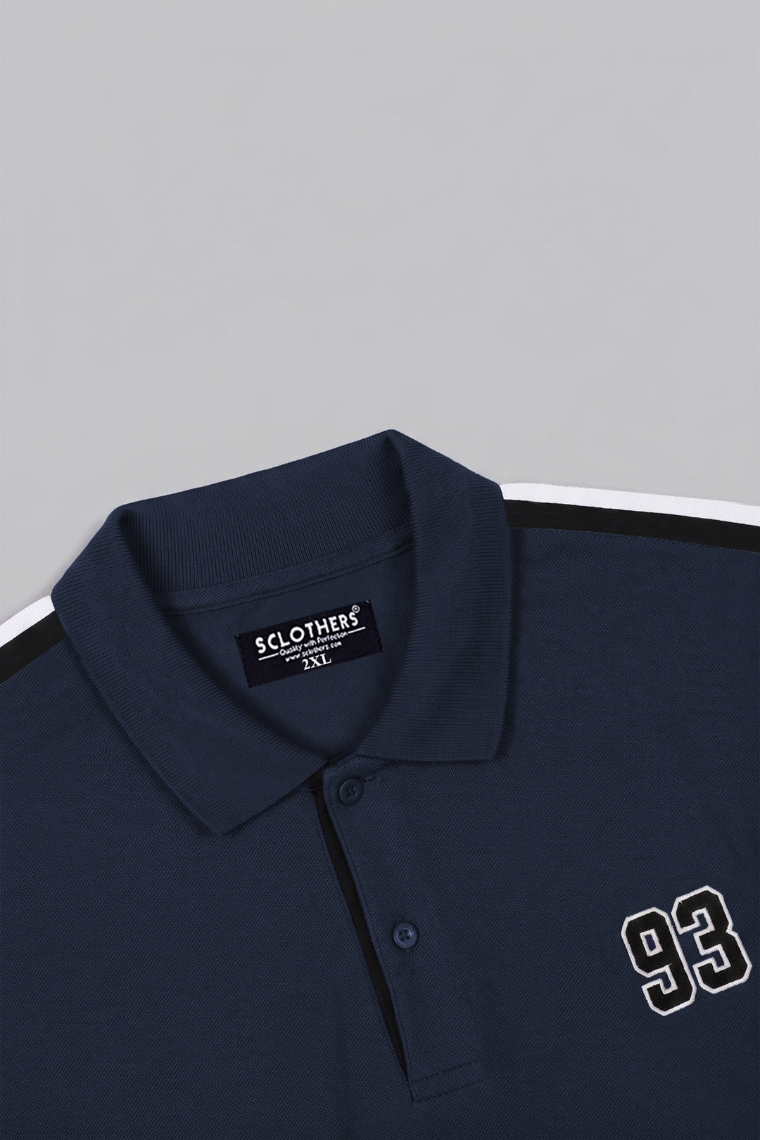 Navy Blue Cut & Sew Stripe Polo Shirt with '93' Embroidery (Plus Size) - S26 - MP0640P