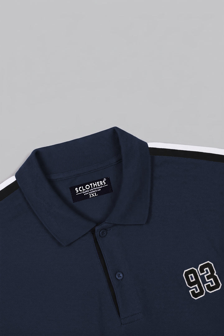 Navy Blue Cut & Sew Stripe Polo Shirt with '93' Embroidery (Plus Size) - S26 - MP0640P