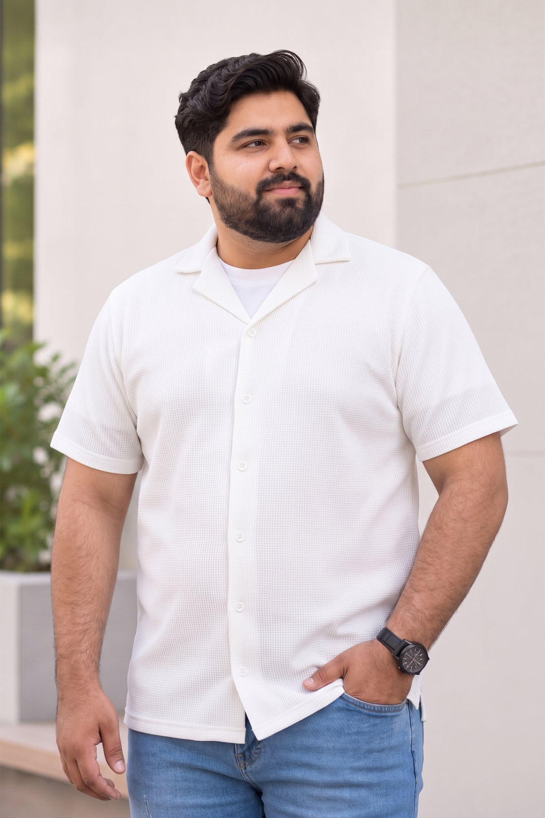 White Waffle Textured Resort Shirt (Plus Size) - S26 - MSH311P