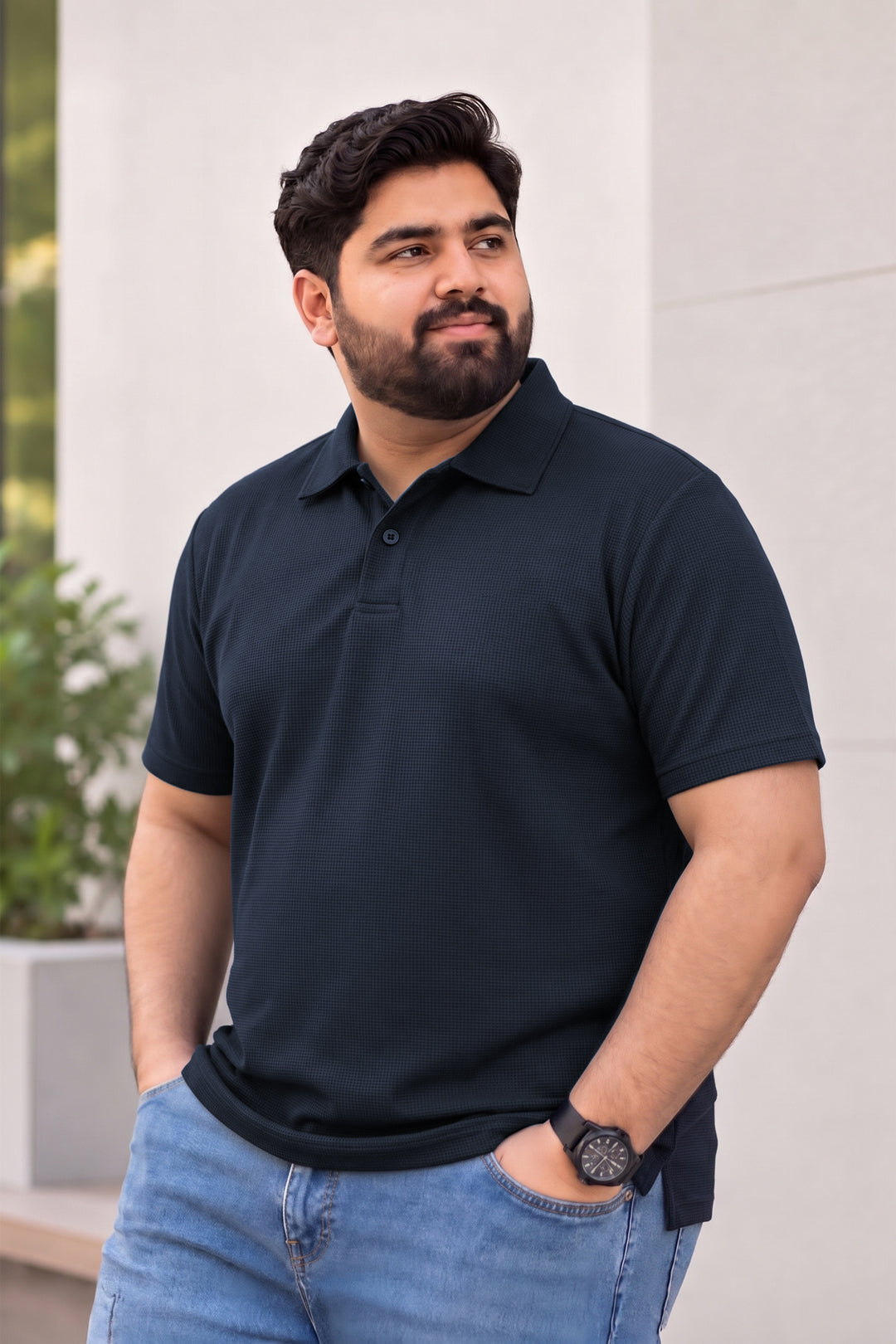 Textured Waffle Knit Polo – Deep Blue - (Plus Size) - S26 - MP0655P