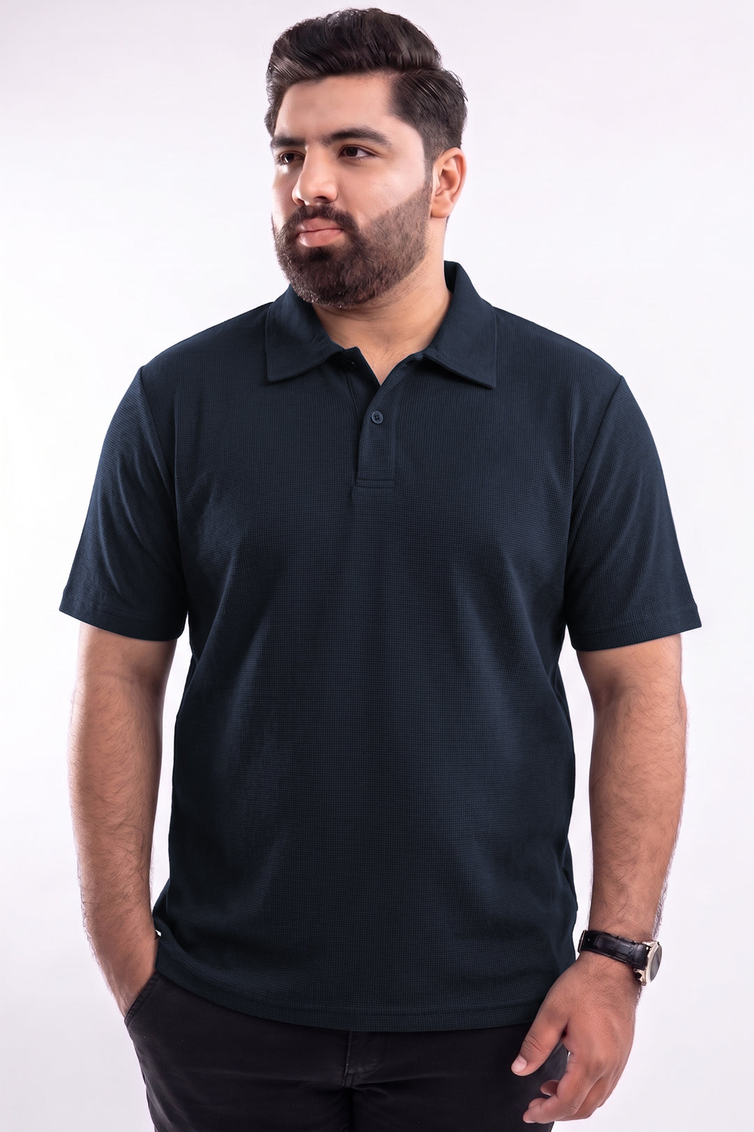 Textured Waffle Knit Polo – Deep Blue - (Plus Size) - S26 - MP0655P