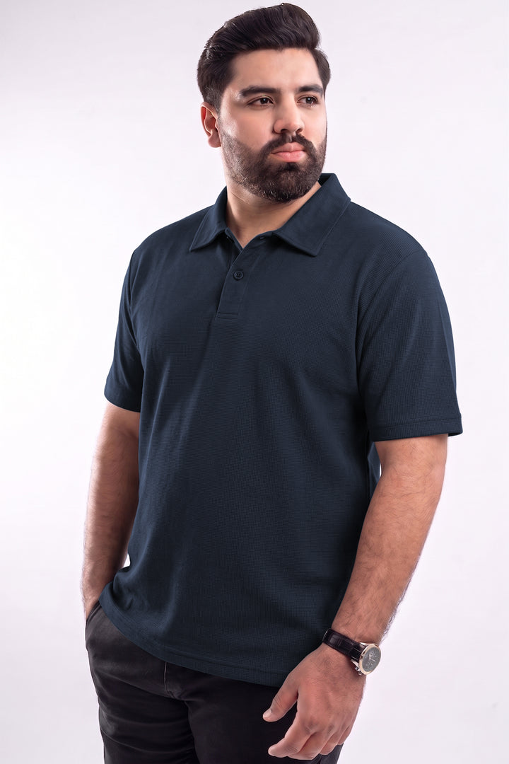 Textured Waffle Knit Polo – Deep Blue - (Plus Size) - S26 - MP0655P