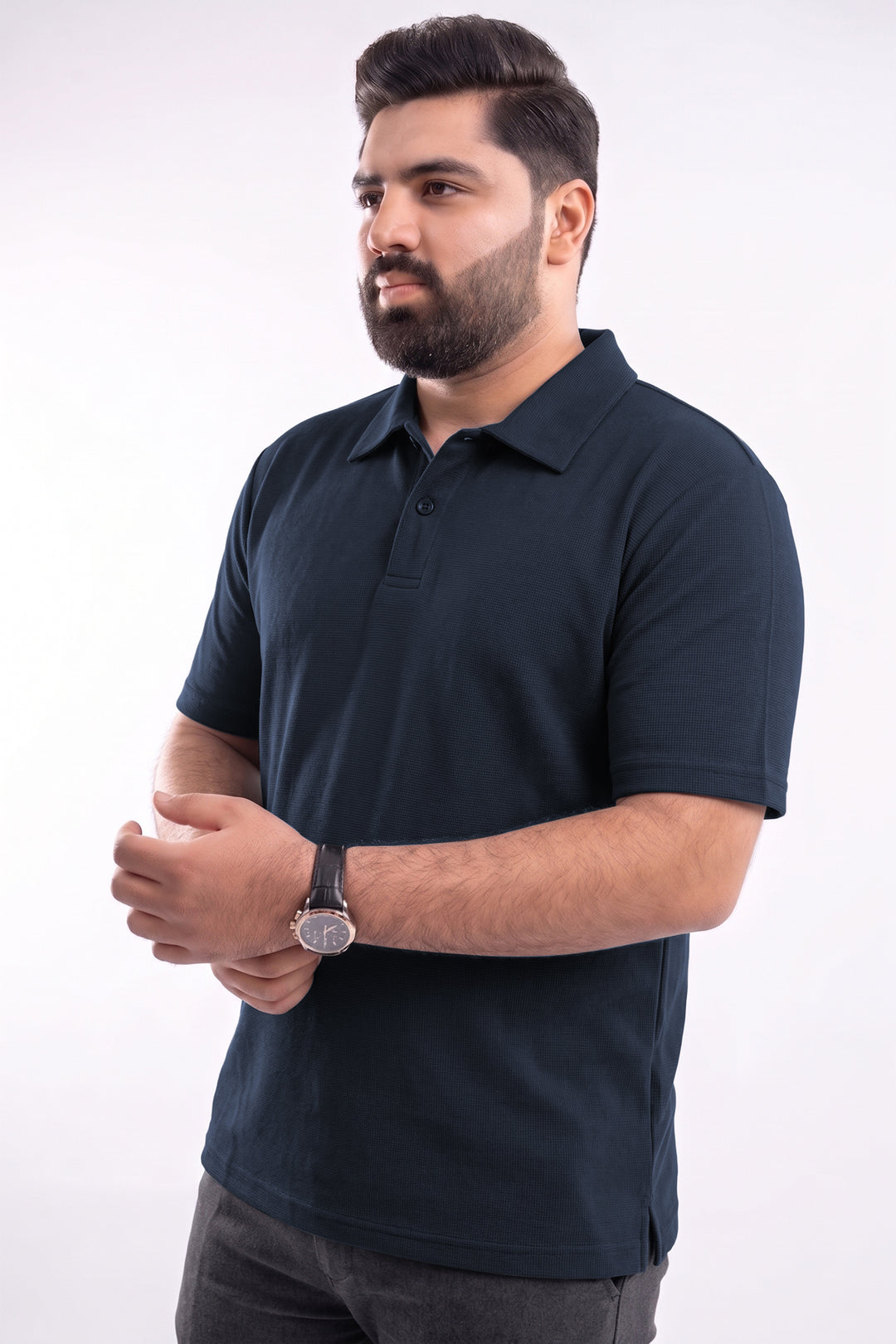 Textured Waffle Knit Polo – Deep Blue - (Plus Size) - S26 - MP0655P