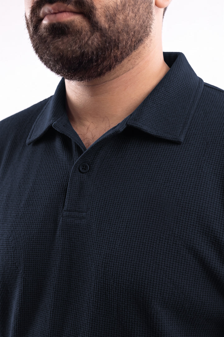 Textured Waffle Knit Polo – Deep Blue - (Plus Size) - S26 - MP0655P
