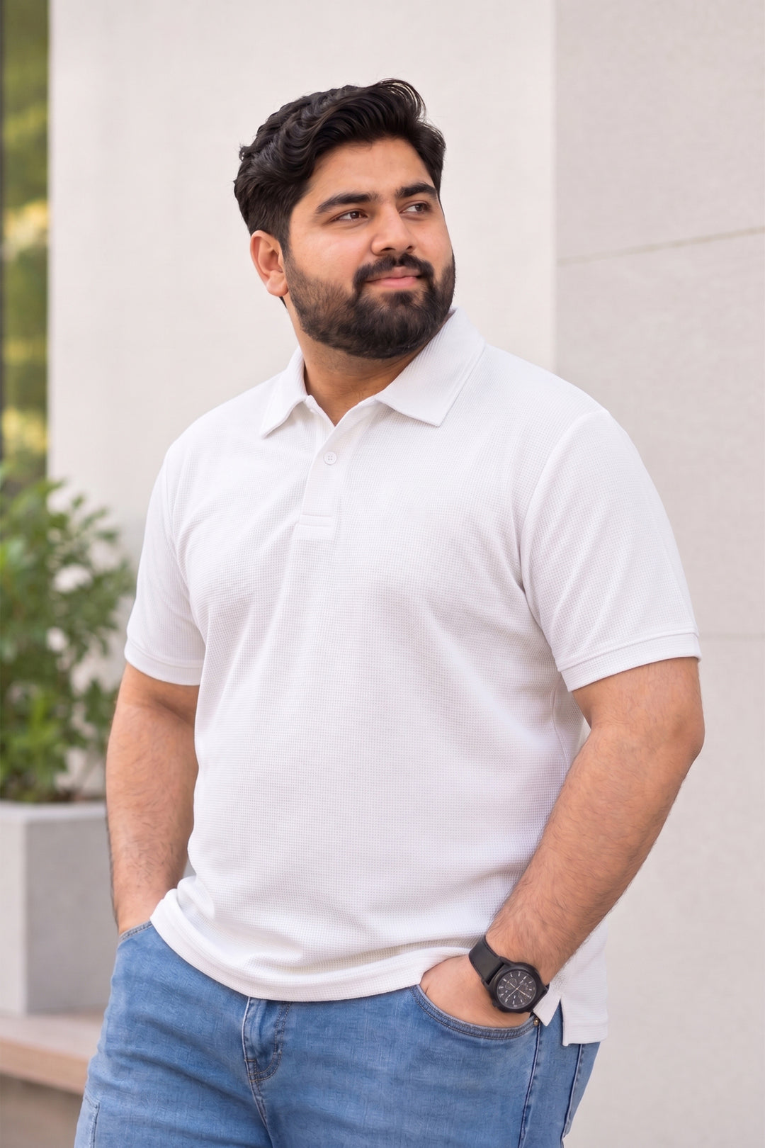 Textured Waffle Knit Polo – White - (Plus Size) - S26 - MP0656P