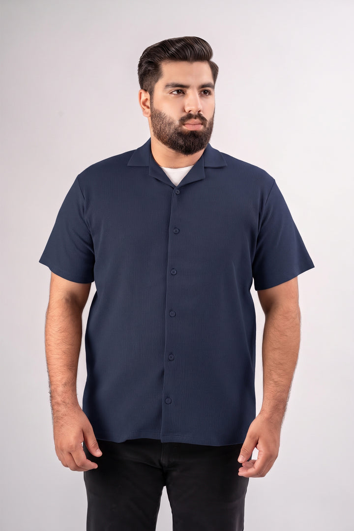 Navy Blue Ribbed Textured Resort Shirt (Plus Size) - S26 - MSH312P