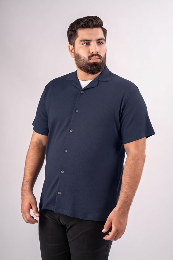Navy Blue Ribbed Textured Resort Shirt (Plus Size) - S26 - MSH312P