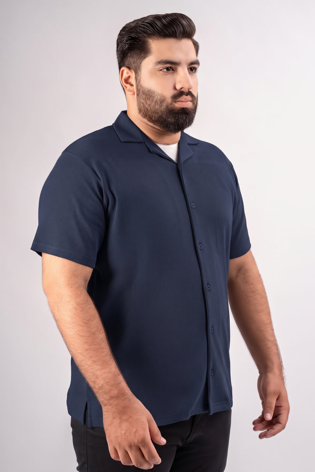 Navy Blue Ribbed Textured Resort Shirt (Plus Size) - S26 - MSH312P