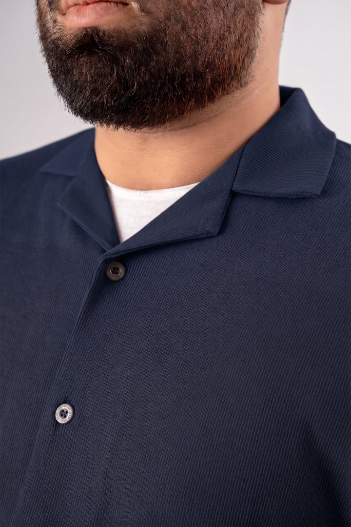 Navy Blue Ribbed Textured Resort Shirt (Plus Size) - S26 - MSH312P