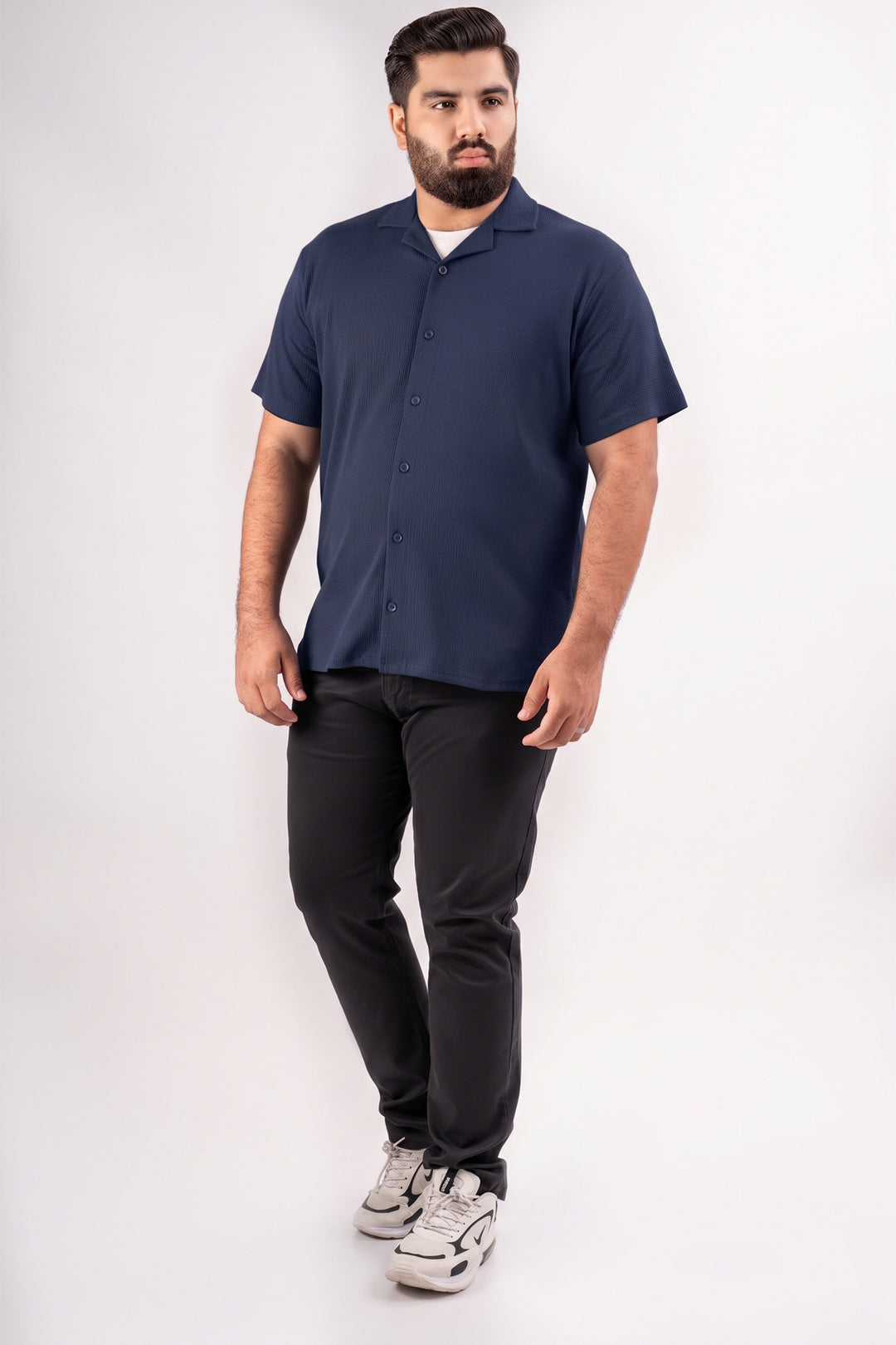 Navy Blue Ribbed Textured Resort Shirt (Plus Size) - S26 - MSH312P