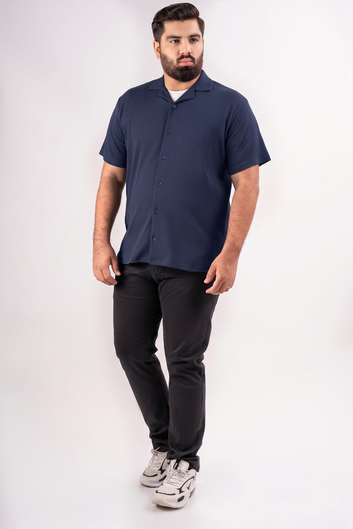 Navy Blue Ribbed Textured Resort Shirt (Plus Size) - S26 - MSH312P
