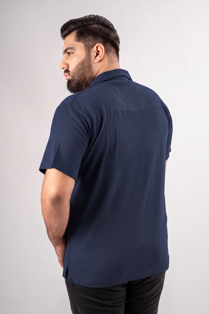 Navy Blue Ribbed Textured Resort Shirt (Plus Size) - S26 - MSH312P