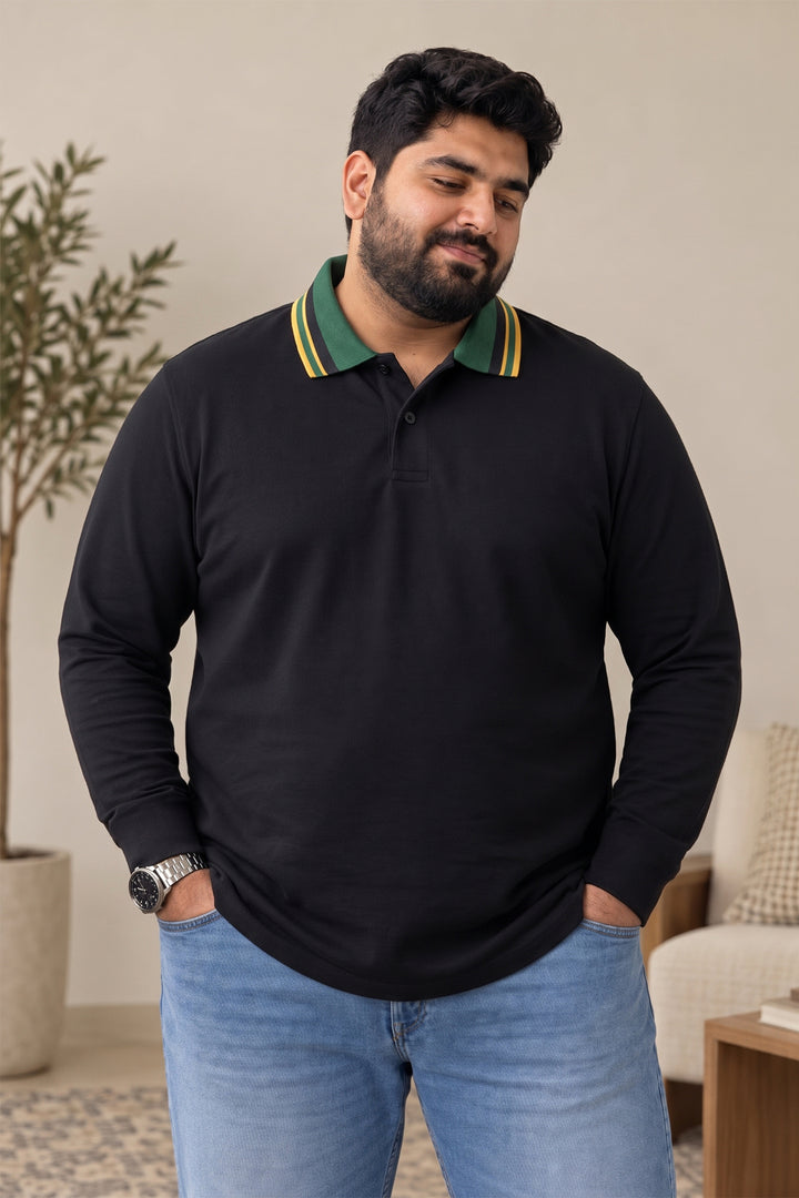 Black & Green Contrast Collar Full Sleeves Polo Shirt (Plus Size) - S26 - MP0700P
