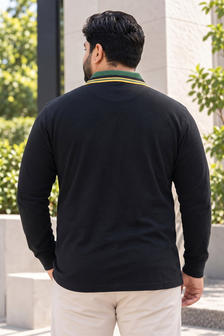 Black & Green Contrast Collar Full Sleeves Polo Shirt (Plus Size) - S26 - MP0700P
