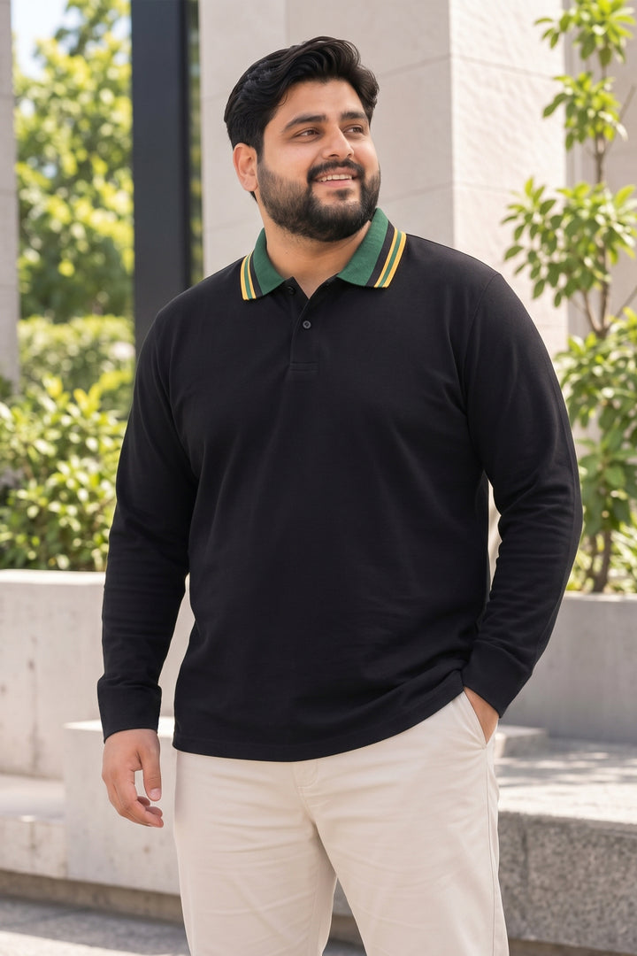Black & Green Contrast Collar Full Sleeves Polo Shirt (Plus Size) - S26 - MP0700P
