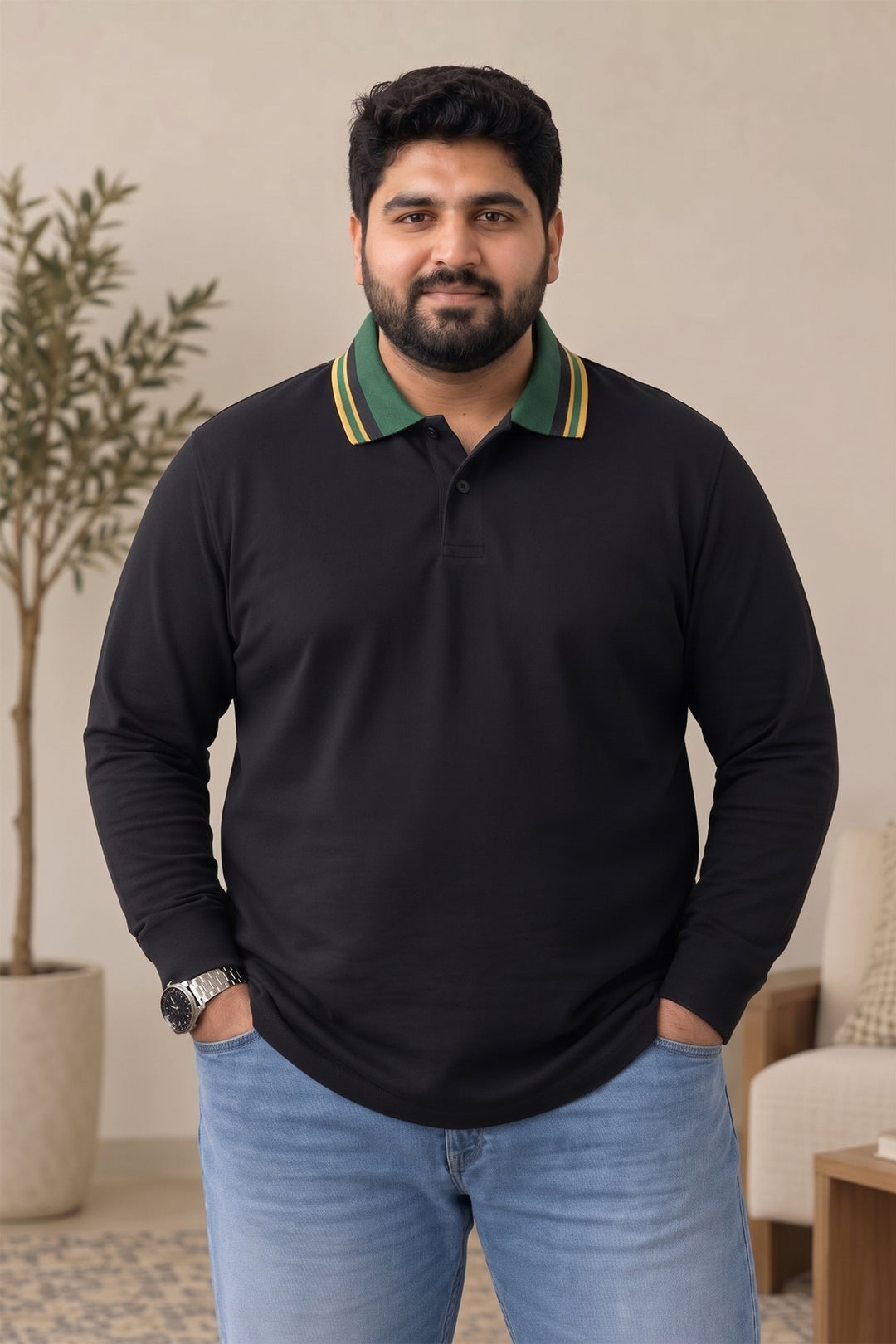 Black & Green Contrast Collar Full Sleeves Polo Shirt (Plus Size) - S26 - MP0700P