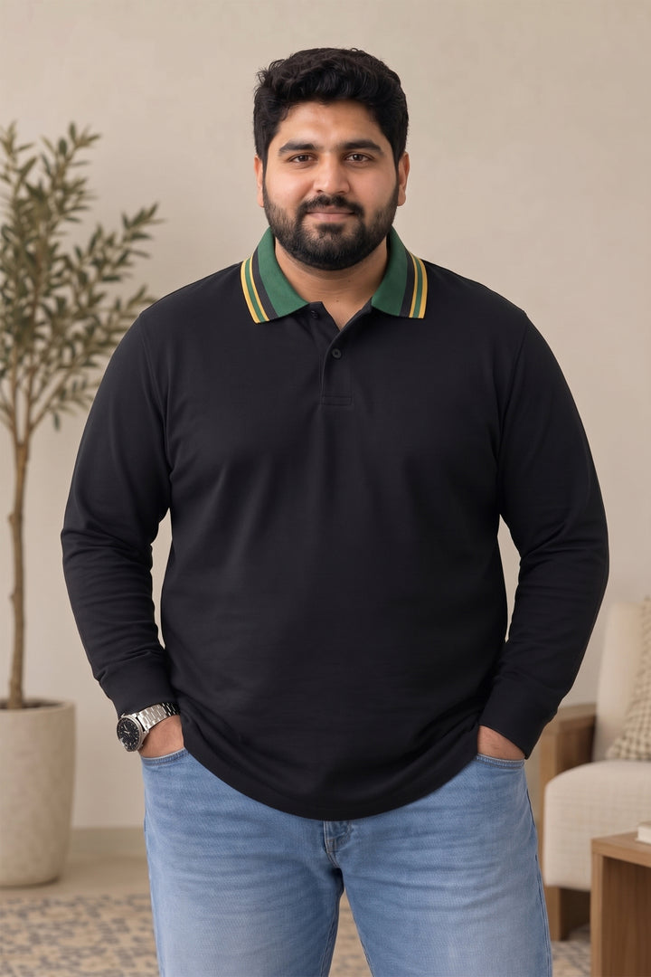 Black & Green Contrast Collar Full Sleeves Polo Shirt (Plus Size) - S26 - MP0700P