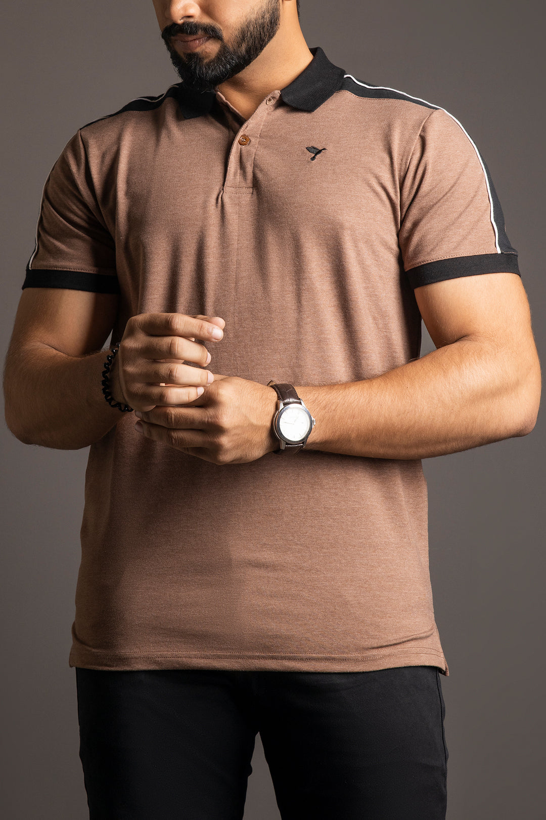 Brown Melange Embroidered Polo Shirt - A23 - MP0179R