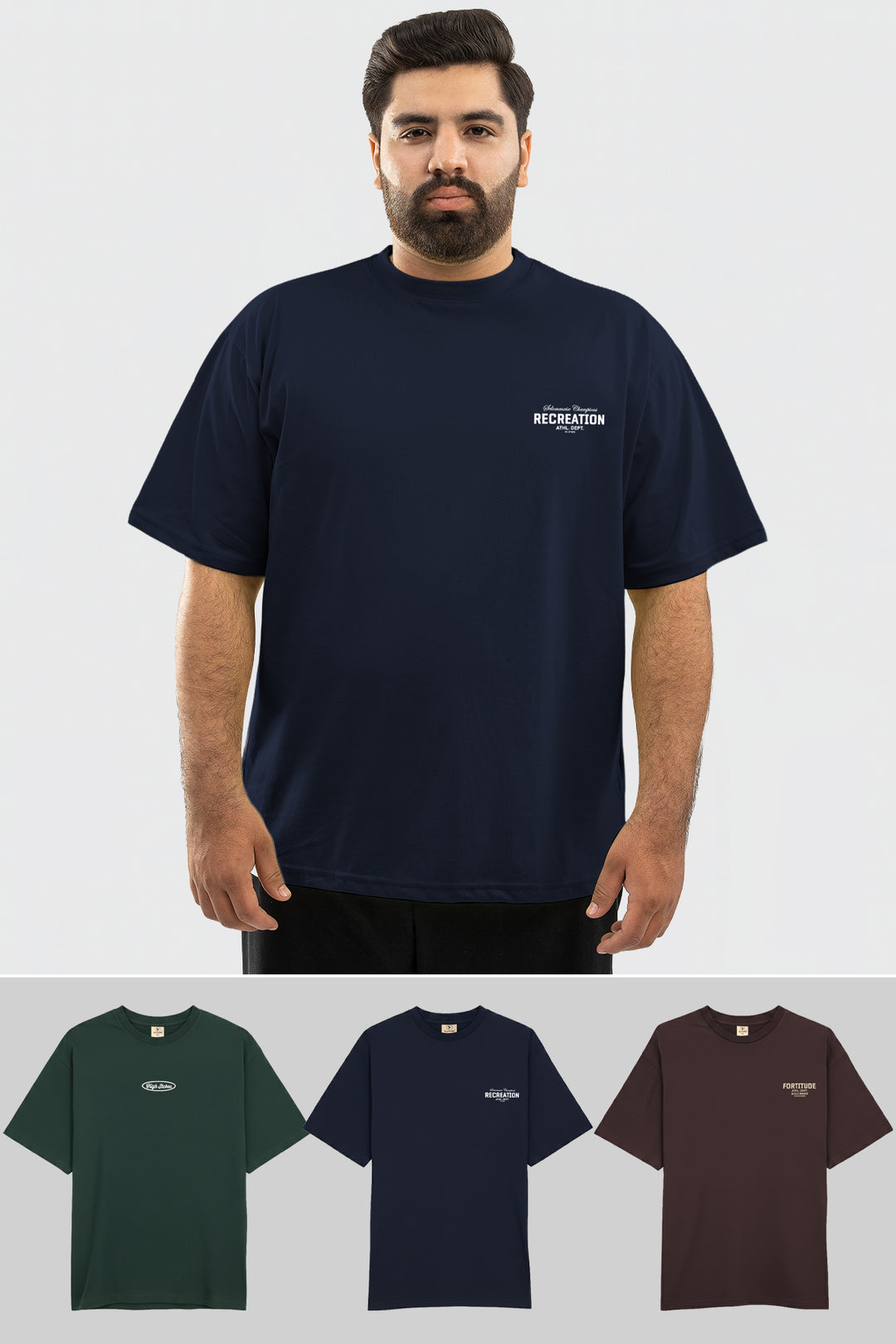 Pack of 3 Graphic Oversized T-Shirts Navy - Brown - Green  (Plus Size) - S26 - MT0810P