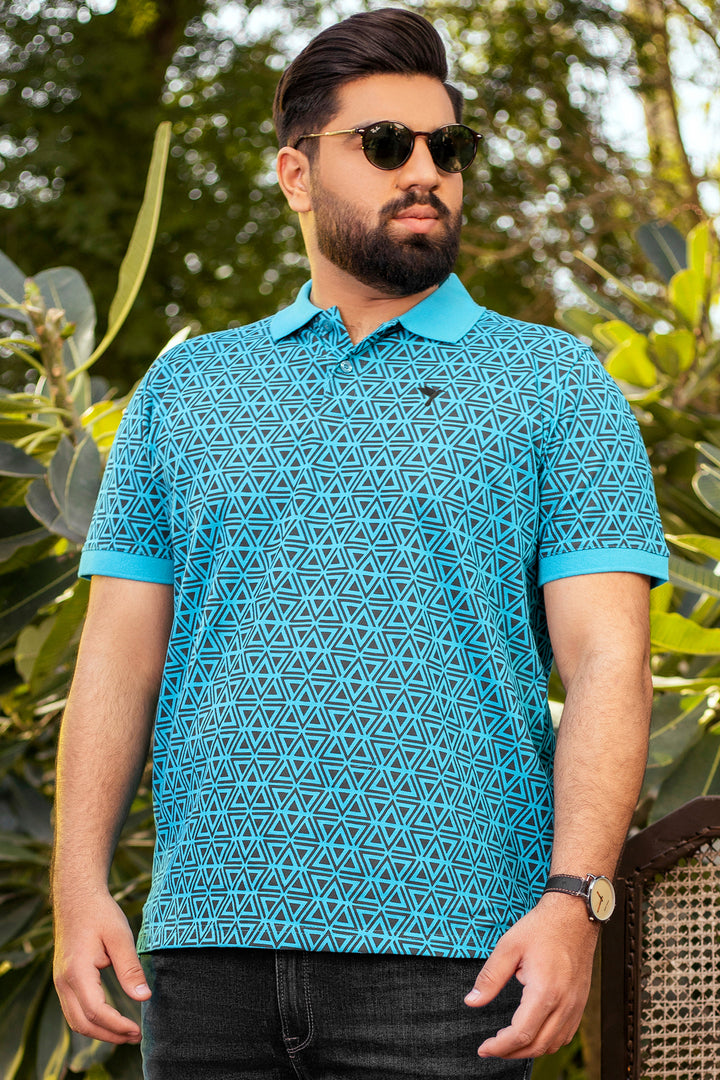 Cyan Blue Printed Polo Shirt (Plus size) - A24 - MP0251P