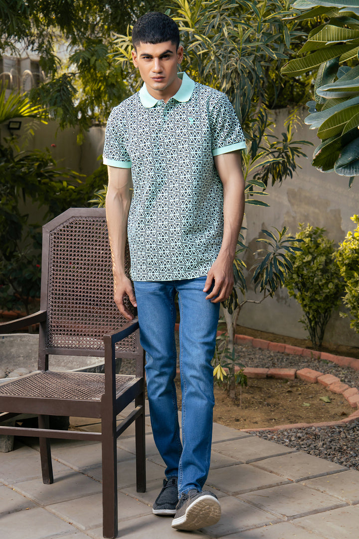 Pastel Green Geometrical Printed Polo Shirt - A24 - MP0252R