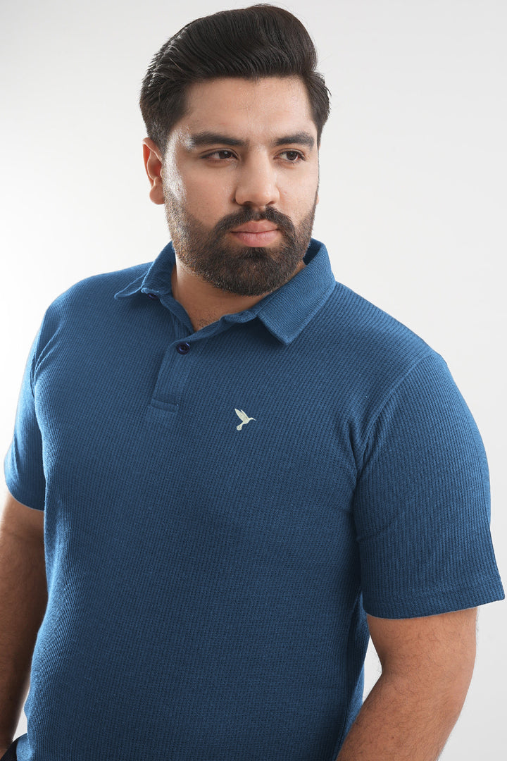 Cerulean Blue Waffle Knit Jacquard Polo Shirt (Plus Size) - S25 - MP0659P