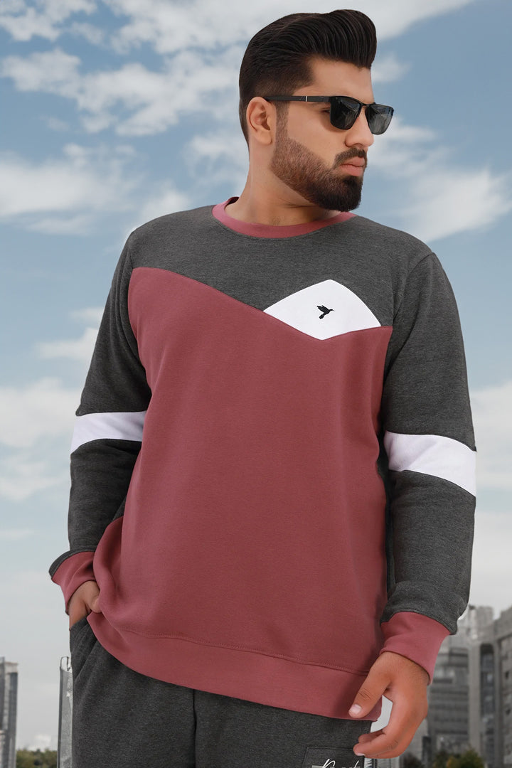 Maroon Color Block Sweatshirt (Plus Size) - W22 - MSW074P