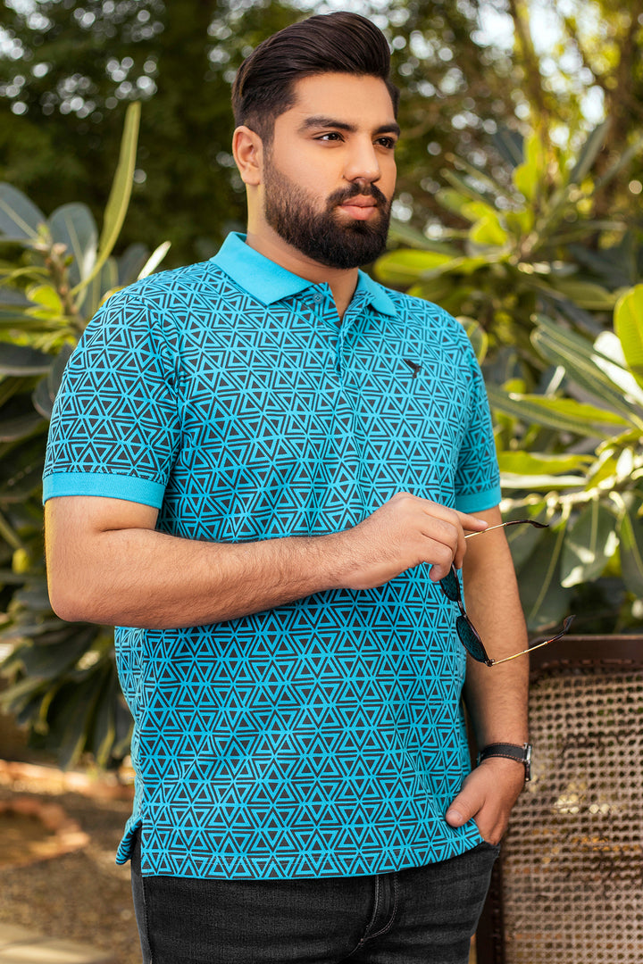 Cyan Blue Printed Polo Shirt (Plus size) - A24 - MP0251P