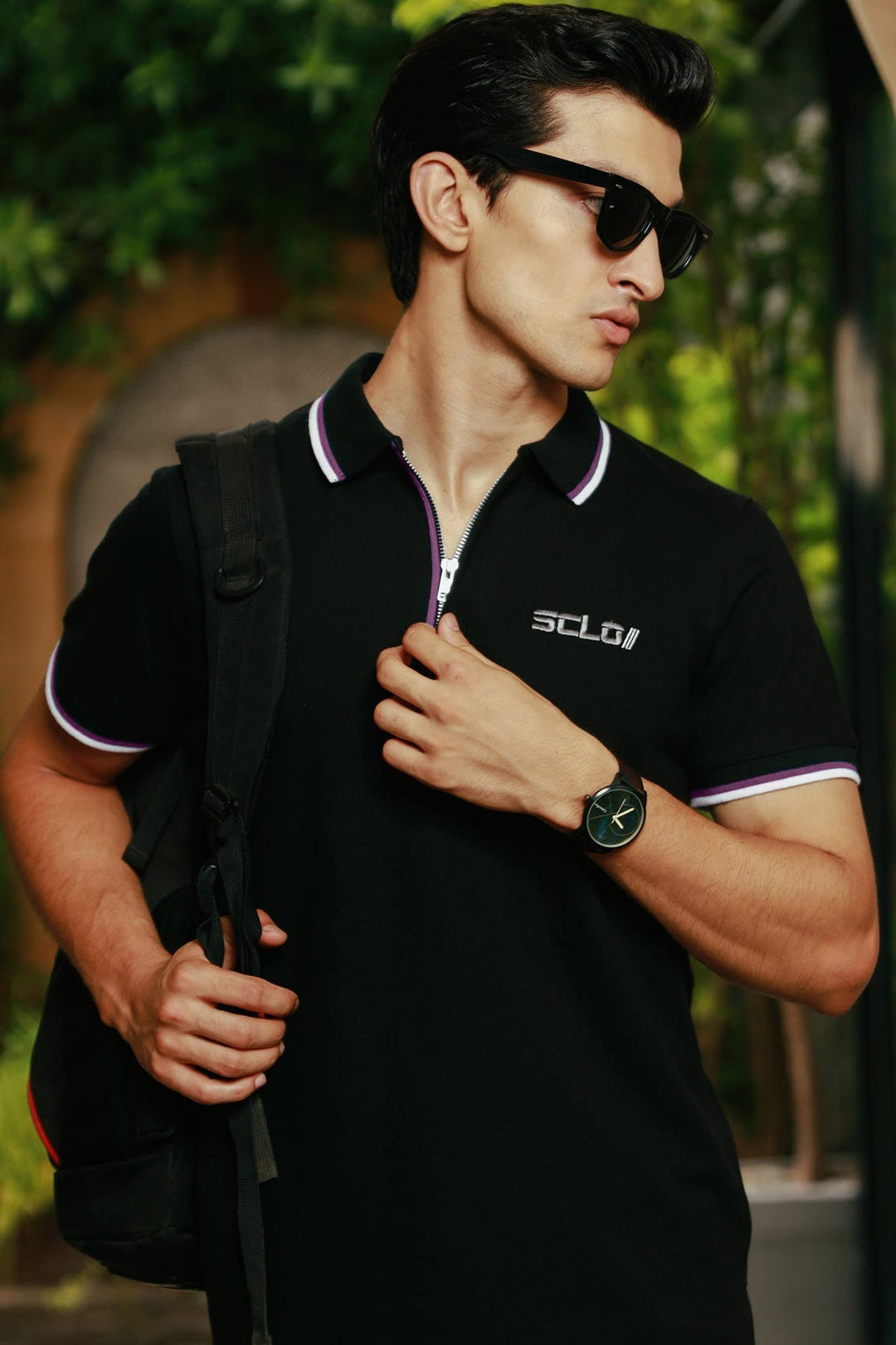 Black Zip-Up Neckline Polo Shirt