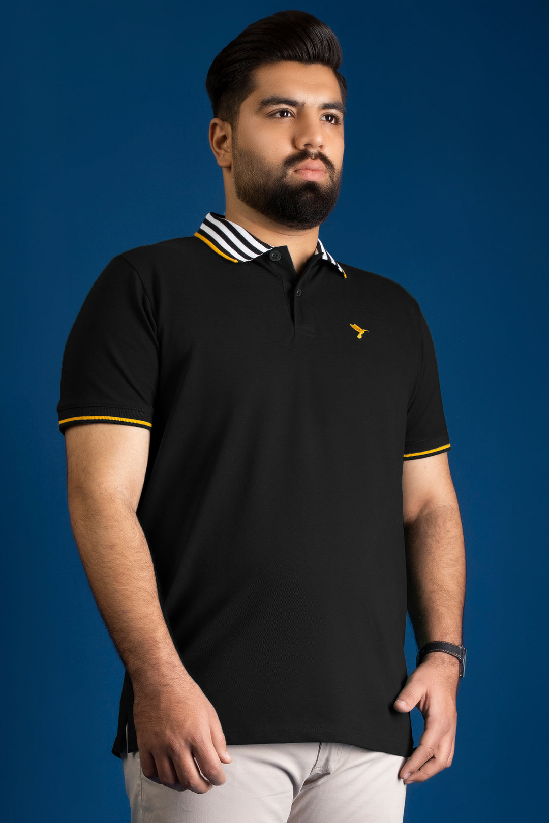 Black Contrast Striped Collar Polo Shirt (Plus size) - S26 - MP0561P