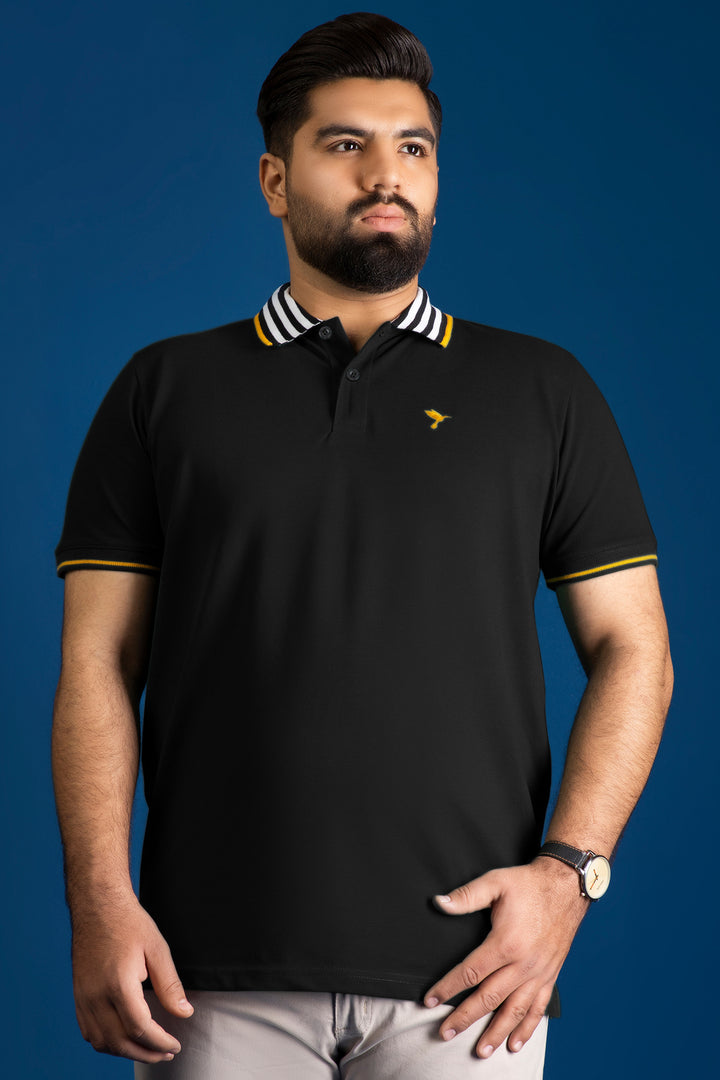 Black Contrast Striped Collar Polo Shirt (Plus size) - S26 - MP0561P