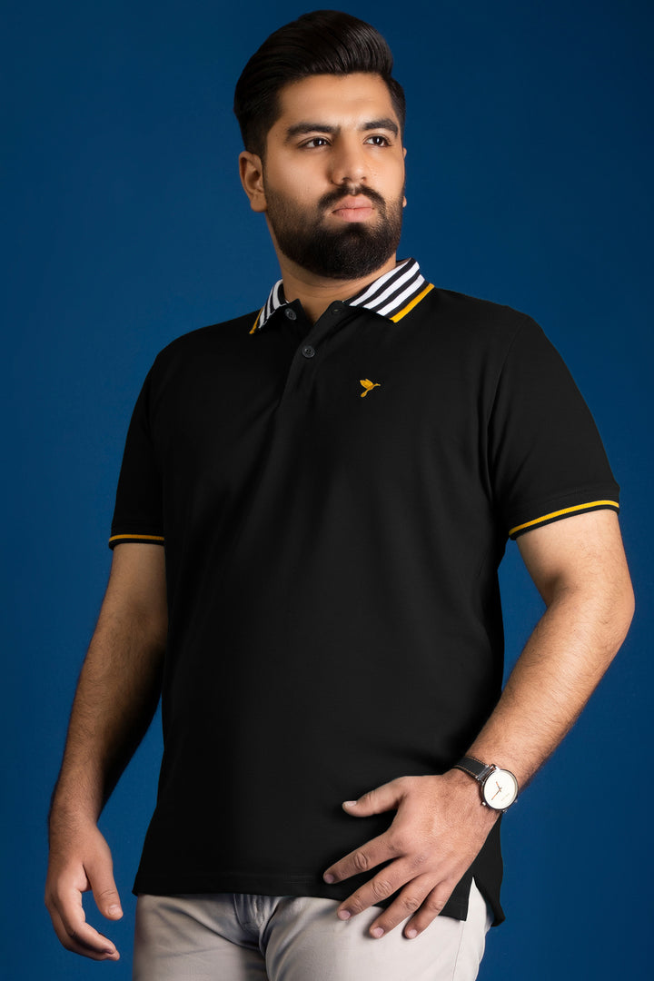 Black Contrast Striped Collar Polo Shirt (Plus size) - S26 - MP0561P