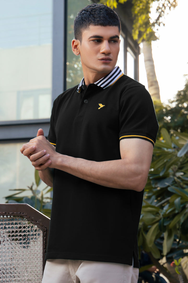 Black Contrast Striped Collar Polo Shirt - S26 - MP0561R