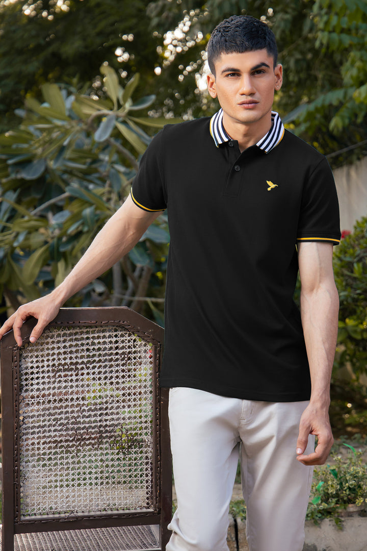 Black Contrast Striped Collar Polo Shirt - S26 - MP0561R