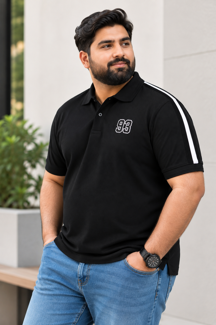 Black Cut & Sew Stripe Polo Shirt with '93' Embroidery (Plus Size) - S26 - MP0705P